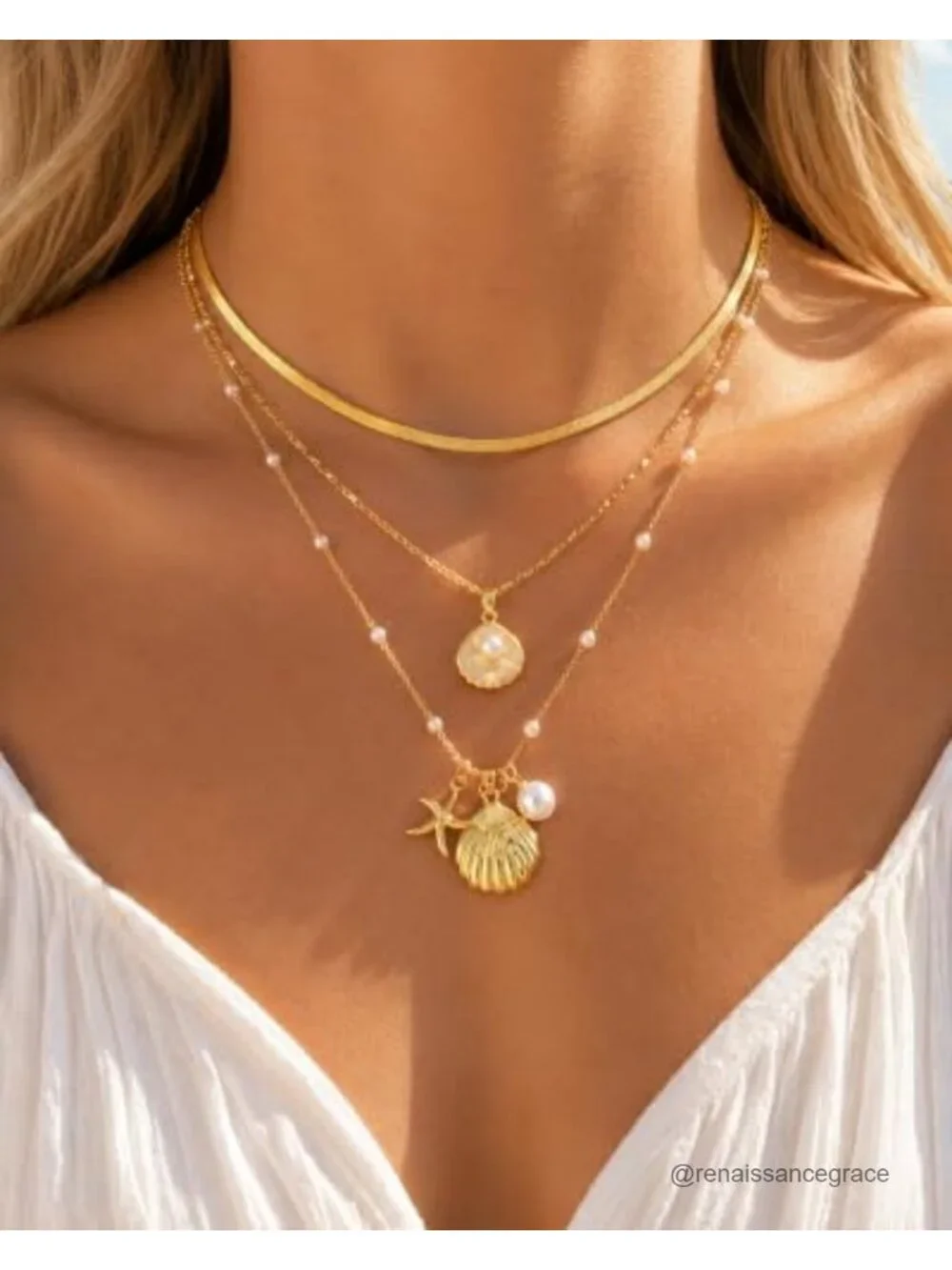 3-Piece Layered Pearl Seashell Starfish Necklace Set 14K Gold Plated